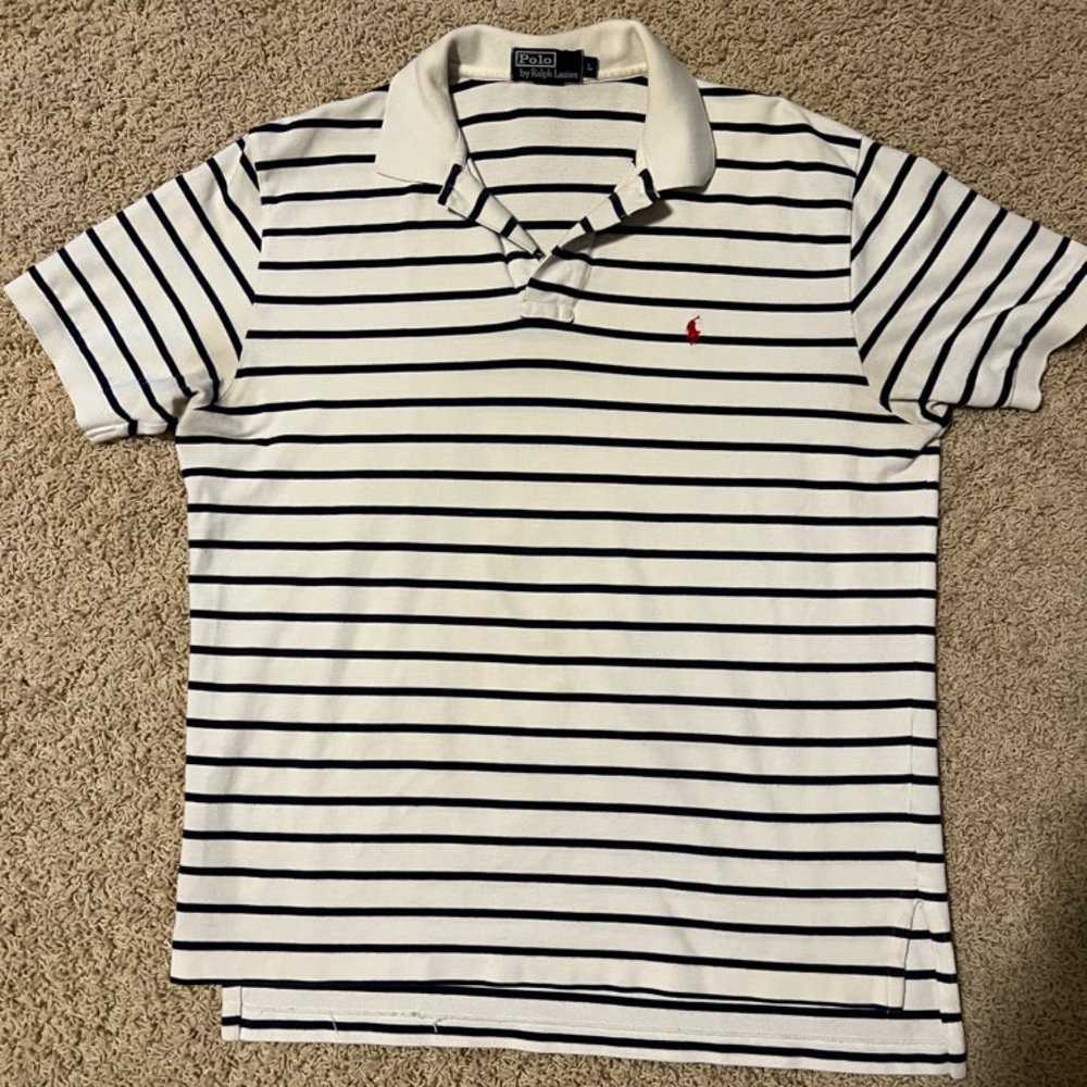 Men's Polo by Ralph Lauren short sleeve shirt - cream and navy stripe - Large